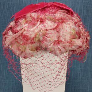1950s Pink Flowered with Velvet Bow Head Piece
